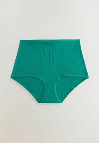 Groene hooggerokte katoenen slipjes met een gladde textuur en contrasterende gestikte randen. Ontworpen met volledige bedekking en een ronde vorm.