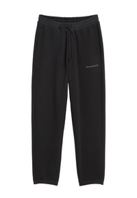 Schwarze Jogginghosen aus weichem Material, mit elastischem Bund, Kordelzug, seitlichen Taschen und einem kleinen Logo am Bein.