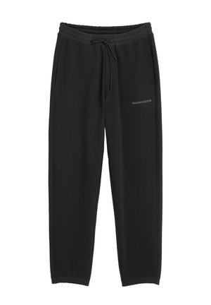 Schwarze Jogginghosen aus weichem Material, mit elastischem Bund, Kordelzug, seitlichen Taschen und einem kleinen Logo am Bein.