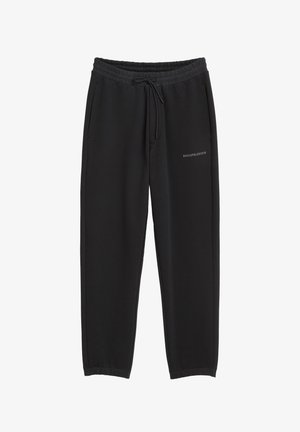 Schwarze Jogginghosen aus weichem Material, mit elastischem Bund, Kordelzug, seitlichen Taschen und einem kleinen Logo am Bein.