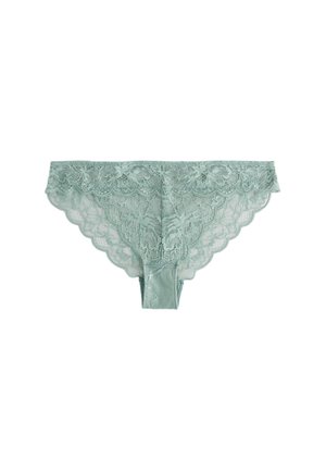 Culotte de bikini pour femme en dentelle vert clair avec motifs floraux et bords festonnés, présentée à plat sur fond blanc.