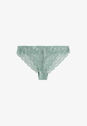 Culotte de bikini pour femme en dentelle vert clair avec motifs floraux et bords festonnés, présentée à plat sur fond blanc.