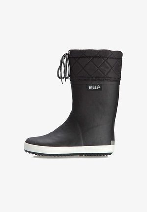 Botas de chuva pretas em borracha com um topo em tecido preto acolchoado. Apresenta uma sola branca e atacadores pretos no colarinho para ajuste.
