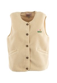Gilet in pile beige con scollo rotondo, bottoni frontali, due tasche laterali e una piccola toppa con un cuore e del testo. Tessuto morbido.