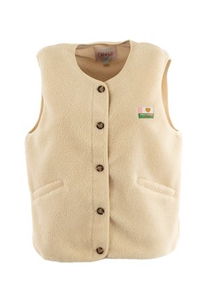 Gilet en polaire beige avec un col rond, des boutons à l'avant, deux poches latérales et un petit patch représentant un cœur et du texte. Texture douce.