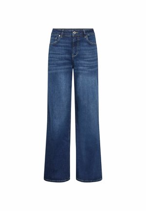 Sinised kõrge vöökohaga sirge säärega teksapüksid, ees nupuga, tõmblukuga ja viie taskuga disain.