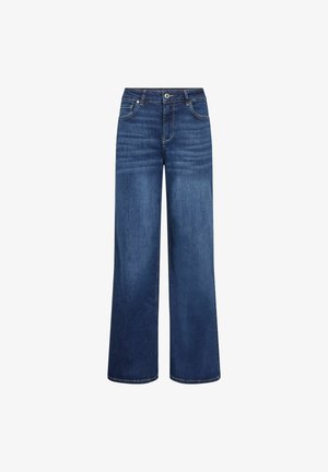 Blue high-waist straight-leg jeans with front button, zipper closure, and five-pocket design.