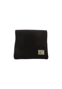 Sort strikket hue med lodrette ribber. Har et brunt rektangulært mærke med tekst. Blød tekstur og fold-over design.