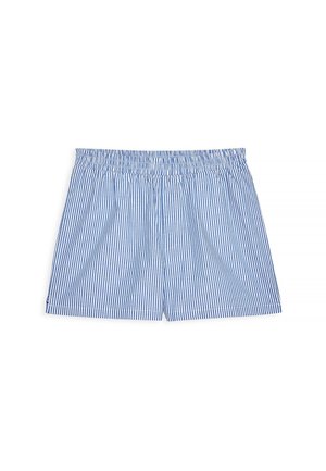 Boxer shorts pour homme en coton bleu et blanc à rayures verticales, avec une taille élastique, disposés à plat sur un fond blanc.