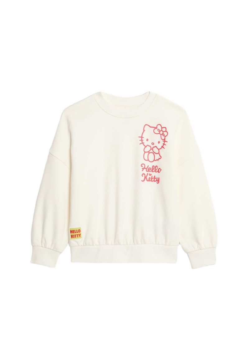 Sudadera color crema hecha de tela suave, con un gráfico de Hello Kitty rosa en el pecho y una pequeña etiqueta de la marca en el dobladillo.