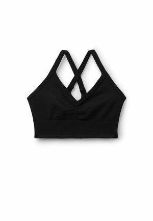 Brassière de sport noire avec bretelles croisées dans le dos et détail froncé à l'avant, fabriquée en tissu extensible avec une large bande côtelée sous la poitrine.