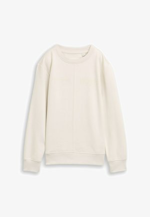 Lichtbeige sweatshirt met een gestructureerde afwerking, ronde halslijn en ribgebreide mouwen. Met subtiele geborduurde tekst op de voorkant.