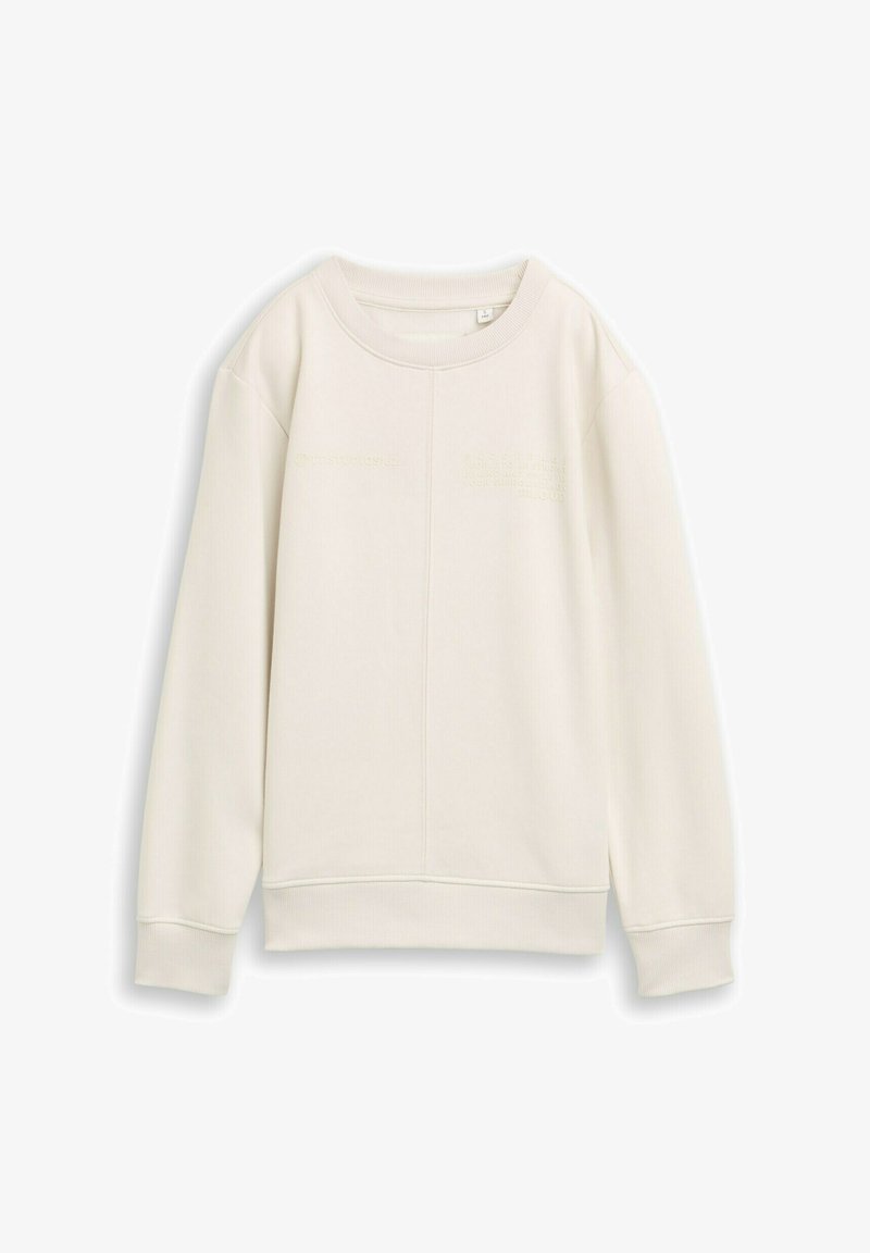 Felpa beige chiaro con finitura testurizzata, scollo rotondo e polsini a coste. Presenta un sottile testo ricamato sul davanti.