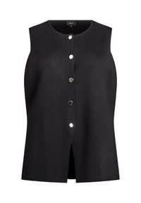 Čierny tielkový top z textúrovaného materiálu. Má okrúhly výstrih a sedem strieborných gombíkov na prednej strane, s rovným strihom.