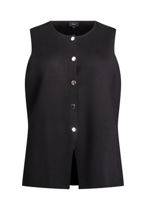 Melns bezpiedurkņu tops no strukturētas auduma. Ir apaļa kakla izgriezums un septiņas sudraba pogas priekšpusē, ar taisnu griezumu.