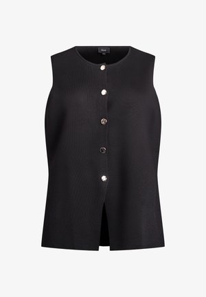 Schwarzes ärmelloses Oberteil aus strukturiertem Stoff. Verfügt über einen runden Ausschnitt und sieben silberne Knöpfe auf der Vorderseite, mit geradem Schnitt.