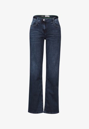 Jeans en denim bleu foncé avec un design évasé, dotés de poches avant, d'une fermeture à bouton et à glissière, et de détails de couture contrastants.