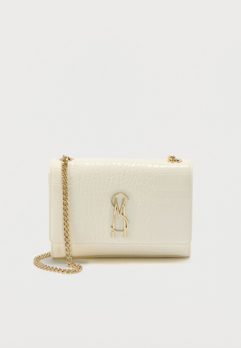 Τσαντάκι χιαστί από δέρμα κρεμ υφής με χρυσή αλυσίδα και χρυσό στυλιζαρισμένο λογότυπο "MS" στην εμπρόσθια πλευρά.