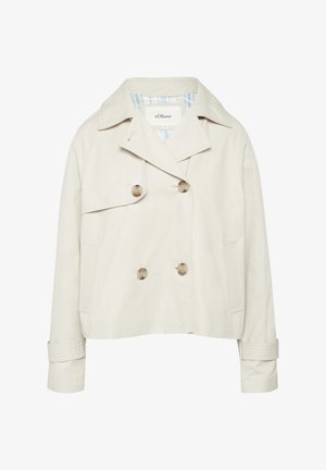 Béžové dvouřadové sako s velkými knoflíky, klopovým límcem, texturovanými bočními panely a pruhovanou podšívkou. Zkrácený střih.