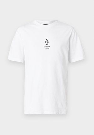 T-shirt de algodão branco com um logótipo preto central, mangas curtas, gola redonda e um corte descontraído.