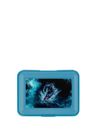 Blue rectangular lunchbox with an image of a hockey player skating against a cosmic blue and black background on the lid.