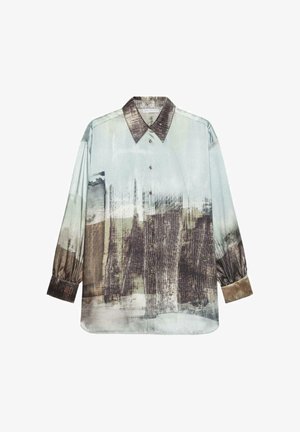 Hemd mit Knopfleiste und langen Ärmeln, aus leichtem Stoff, mit einem Aquarellmuster in Blau-, Braun- und Creme-Tönen.