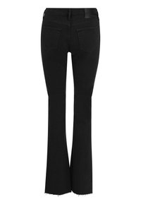 Jeans évasés noirs avec une taille mi-haute, dotés de deux poches arrière et d'un ourlet brut. Fabriqués en denim à la texture lisse.