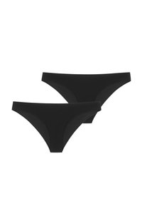 Czarne bikini, charakteryzujące się gładką teksturą, niskim stanem, minimalistycznym stylem i subtelnymi szwami. Zestaw dwóch sztuk.
