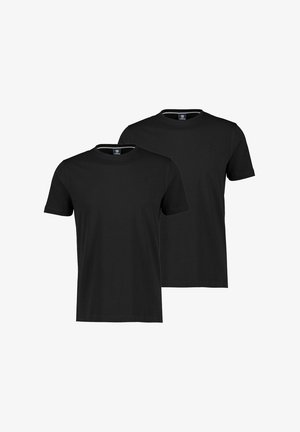 Schwarze Baumwoll-T-Shirts mit kurzen Ärmeln und rundem Ausschnitt, mit einem kleinen Logo-Detail auf der Brust, im Doppelpack verkauft.