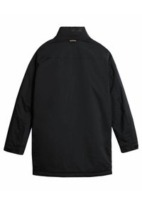Cappotto lungo nero con colletto alto, realizzato in un tessuto liscio e strutturato, dalla linea dritta. Include un piccolo etichetta sul collo.