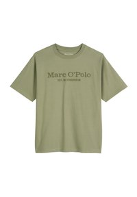 Olchowy bawełniany T-shirt z okrągłym dekoltem, krótkimi rękawami i nadrukiem z przodu, na którym widnieje napis "Marc O'Polo EST. IN STOCKHOLM." Miękka tekstura.