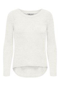 Maglione a maglia bianco con maniche lunghe, scollo rotondo e orlo asimmetrico alto-basso. Presenta un tessuto testurizzato e polsini e bordo inferiore a costine.