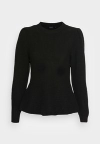 Schwarzer Strickpullover mit Rundhalsausschnitt, langen Ärmeln und taillierter Passform mit ausgestellt geschnittenem Saum. Strukturmuster im gesamten Stoff.