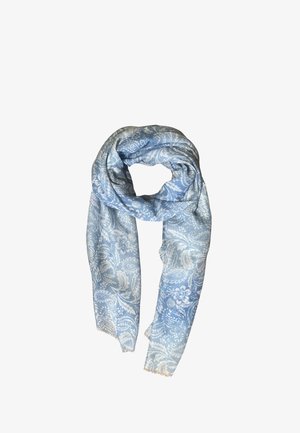 Sciarpa azzurro chiaro con motivi floreali bianchi e paisley, piegata morbidamente con bordi frangiati visibili.