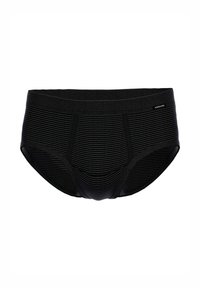 Schwarze Unterhosen mit geripptem Muster, ausgestattet mit einem breiten elastischen Bund. Einfaches Design ohne sichtbare Nähte oder Muster.