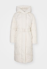 Long, quilted coat in white with a hood, belted waist, and geometric pattern detailing on the fabric. Textured, padded finish.