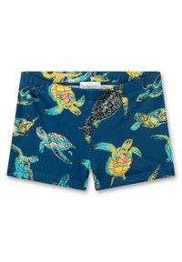 Blaue Badeshorts mit einem Schildkrötenmuster in Gelb und Teal. Hergestellt aus dehnbarem Stoff, mit einem elastischen Bund und einer glatten Textur.