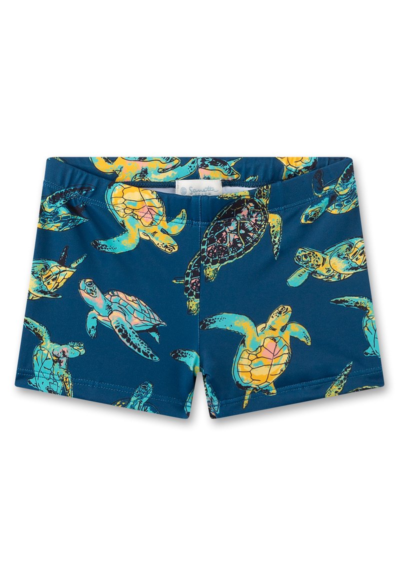 Blaue Badeshorts mit einem Schildkrötenmuster in Gelb und Teal. Hergestellt aus dehnbarem Stoff, mit einem elastischen Bund und einer glatten Textur.