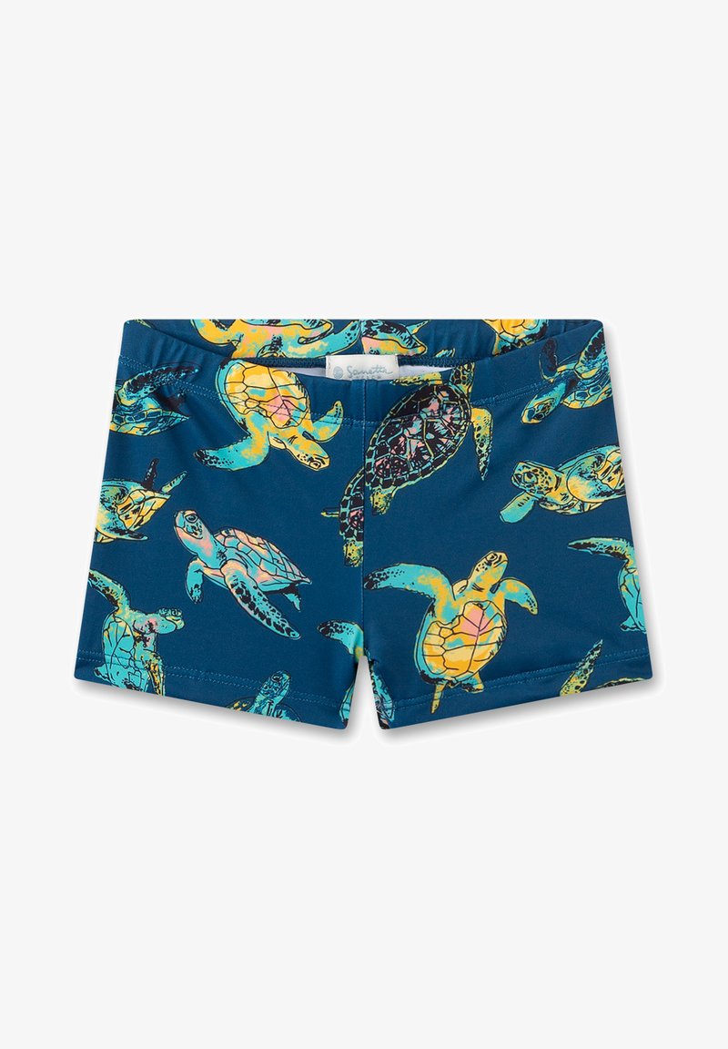 Blaue Badeshorts mit einem Schildkrötenmuster in Gelb und Teal. Hergestellt aus dehnbarem Stoff, mit einem elastischen Bund und einer glatten Textur.