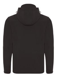 Schwarze Kapuzenjacke mit glatter Oberfläche, langen Ärmeln und gesäumtem Saum. Verfügt über eine verstellbare Kapuze und ein minimalistisches Design.