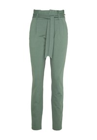 Green, high-waisted trousers made of soft fabric with a belted waist, featuring two side pockets and a slim fit.