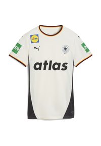 Maglia sportiva bianca con dettagli neri, logo Puma e "atlas" in grassetto. Presenta i loghi degli sponsor sulle maniche e un colletto multicolore.