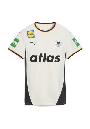 Maillot de sport blanc avec des accents noirs, logo Puma, et le mot "atlas" en gras. Comprend des logos de sponsors sur les manches et un col multicolore.