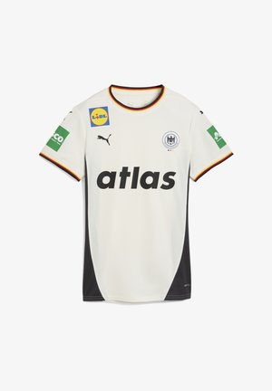 Maillot de sport blanc avec des accents noirs, logo Puma, et le mot "atlas" en gras. Comprend des logos de sponsors sur les manches et un col multicolore.