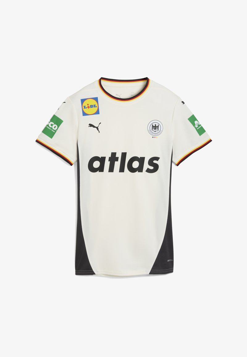 Maglia sportiva bianca con dettagli neri, logo Puma e "atlas" in grassetto. Presenta i loghi degli sponsor sulle maniche e un colletto multicolore.