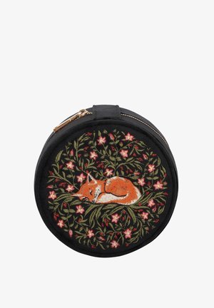 Round black pouch featuring detailed embroidery of a sleeping fox surrounded by floral motifs in pink and green. Gold zipper and accent.