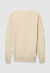 Maglione beige testurizzato con scollo rotondo e maniche lunghe. Il tessuto presenta un sottile motivo a coste, rifinito con polsini e orlo aderenti.