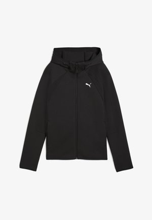 Schwarze Jacke mit Reißverschluss vorne, Kapuze und kleinem weißen Logo. Verfügbar mit Raglanärmeln und glattem, strukturiertem Stoff. Keine sichtbaren Beschläge.