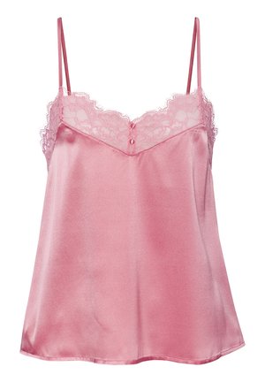 Rosa Satin-Camisole mit Spitzenbesatz am Ausschnitt und dünnen verstellbaren Schulterträgern, mit zwei kleinen bezogenen Knöpfen in der vorderen Mitte.