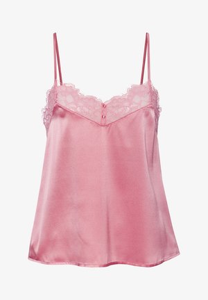Rosa Satin-Camisole mit Spitzenbesatz am Ausschnitt und dünnen verstellbaren Schulterträgern, mit zwei kleinen bezogenen Knöpfen in der vorderen Mitte.